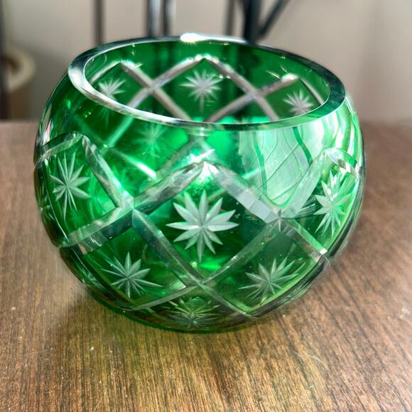 Vintage Art Glass Crystal Green Cut to Clear candle holder white barn candle co. - Picture 4 of 9